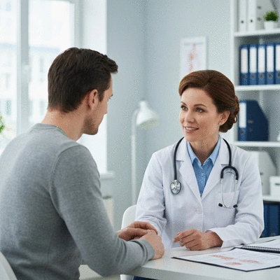 Doctor and patient discussing medication and treatment options in a clean clinic setting