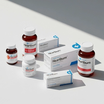 Various heartburn medication bottles and packaging on a clean white surface, medical theme
