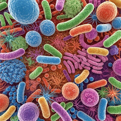 Diverse gut microbiome visualized with various beneficial bacteria strains