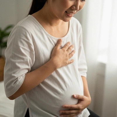 Pregnant woman experiencing heartburn, holding her chest in discomfort, soft lighting, no text, no words, no typography, 8K