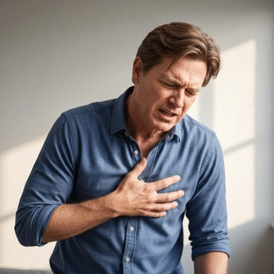 Person experiencing heartburn, holding chest, looking uncomfortable, soft lighting