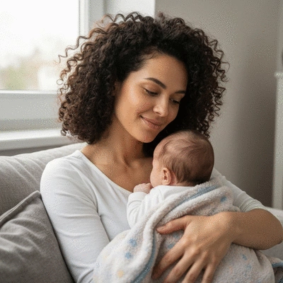 New mother looking relieved while holding her baby, soft natural light, cozy home environment