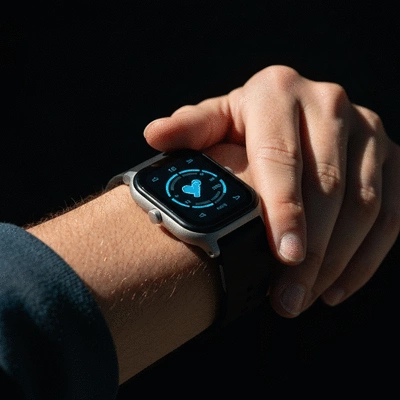 Close-up of a sleek smartwatch on a person's wrist, showing a vibrant display with fitness metrics