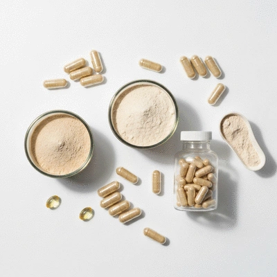 Assortment of digestive health supplements including probiotic capsules, prebiotic powders, and enzyme pills on a clean white background