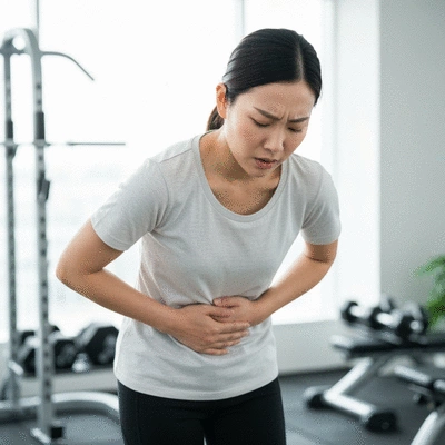 Person holding their stomach due to heartburn, with a focus on weight management and healthy lifestyle choices in the background, no text, no words, no typography, clean image