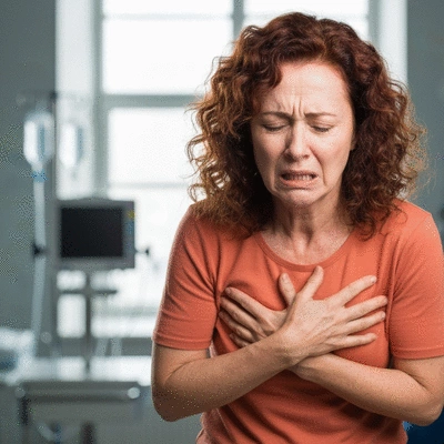 Person holding their chest in discomfort from heartburn, with a blurred medical background