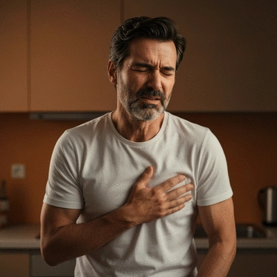 Person holding their chest in discomfort from heartburn