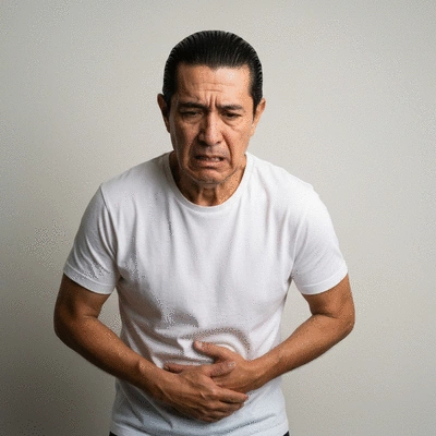 Person holding their stomach in discomfort with a worried expression, illustrating stress-induced digestive issues