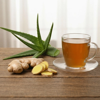 Variety of natural remedies for heartburn, such as ginger, aloe vera plant, and chamomile tea, on a wooden table
