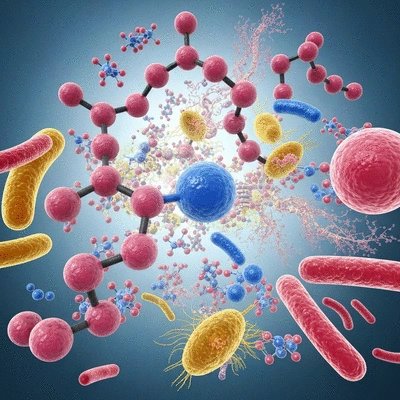Scientific illustration of cortisol molecules interacting with gut bacteria, representing its impact on the gut microbiome