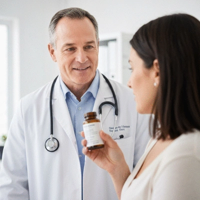 Person consulting with a healthcare professional about medication, with a focus on communication and shared decision-making.