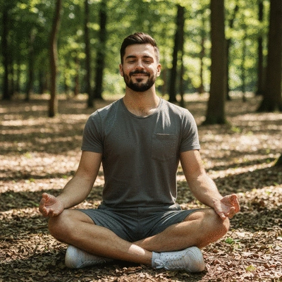 Person meditating calmly in a serene environment, representing stress management