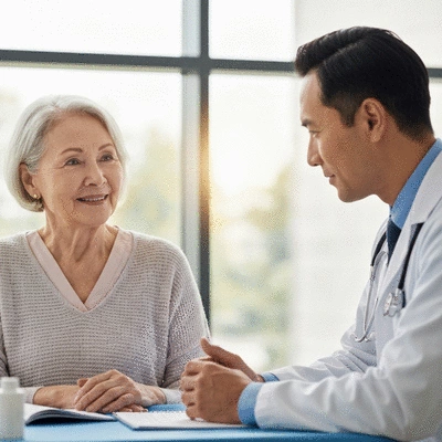 Senior patient talking with a doctor, discussing treatment options