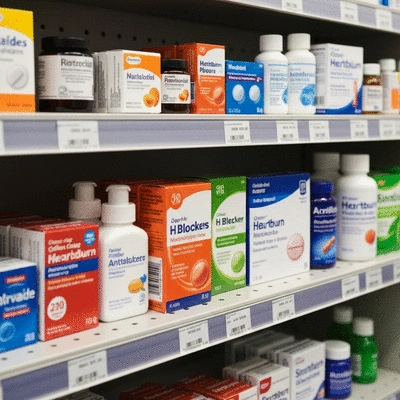Various over-the-counter heartburn medications on a pharmacy shelf