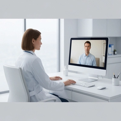 Doctor consulting with patient via telemedicine on a computer screen