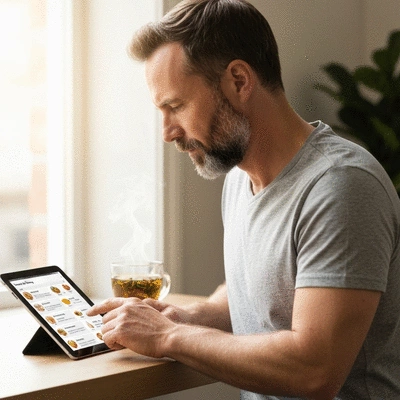 Person looking at a food diary on a tablet, with a cup of herbal tea nearby, soft natural lighting, no text, no words, no typography, clean image