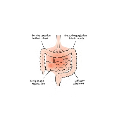 Diagram illustrating common heartburn symptoms like burning sensation, regurgitation, and difficulty swallowing, clean image, no text, no words, no typography