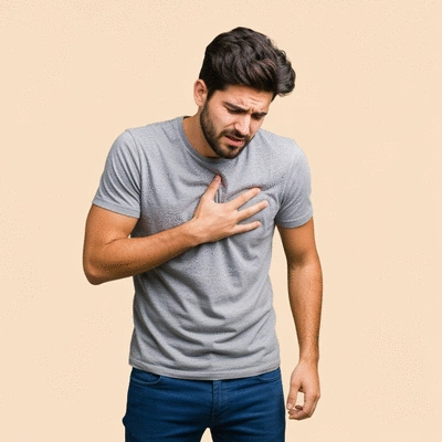 Person holding their chest in discomfort, representing heartburn, with a subtle overlay of stress or anxiety, no text, no words, no typography, clean image