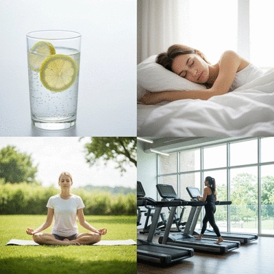 Healthy lifestyle choices for gut health including hydration, sleep, stress management, and exercise