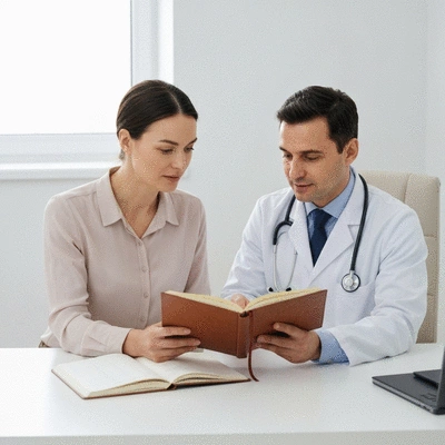 Doctor and patient discussing a diary