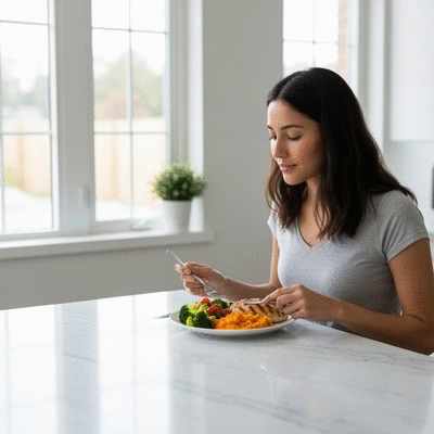 Person enjoying a healthy, balanced meal in a bright kitchen, no text, no words, no typography