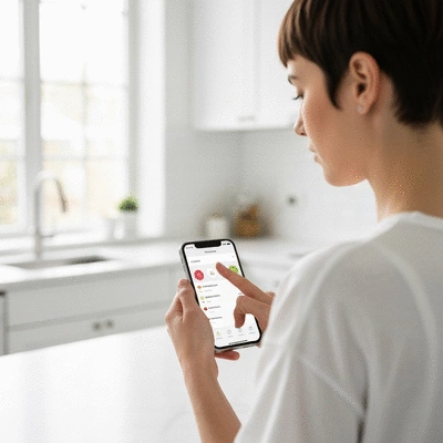Person tracking food intake on a smartphone app, clean kitchen background