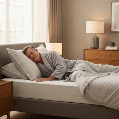 Person sleeping on their left side in a bed with an elevated head, illustrating relief from nighttime heartburn.
