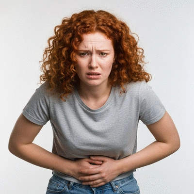 Person experiencing digestive discomfort, holding stomach, with a worried expression