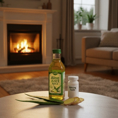 Ginger, chewing gum, aloe vera juice, and baking soda as home remedies for heartburn relief, flat lay on a wooden table
