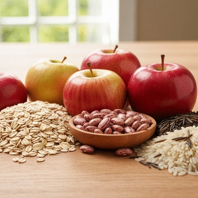 Close-up of various fiber-rich foods like oats, apples, beans, and whole grains arranged on a clean wooden table, natural light, no text, no words, no typography, clean image