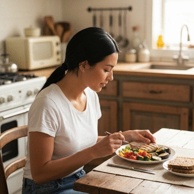 Person enjoying a healthy meal and a glass of water, illustrating positive lifestyle changes for heartburn relief