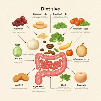 Scientific infographic showing the connection between diet and digestive health, with food types and their effects