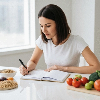 Person looking thoughtfully at a food diary with healthy foods on a table, no text, no words, no typography, clean image