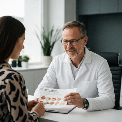 Person consulting a nutritionist, looking at a personalized meal plan, clean office setting, no text, no words, no typography, clean image