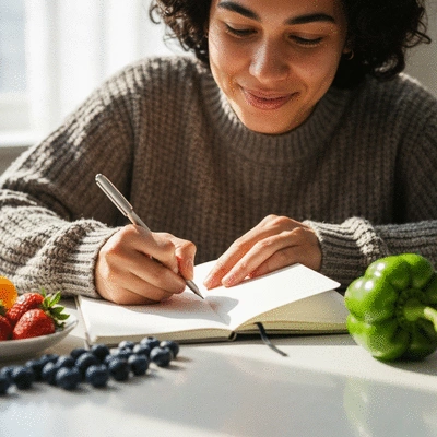 Person writing in a health journal with various healthy foods around