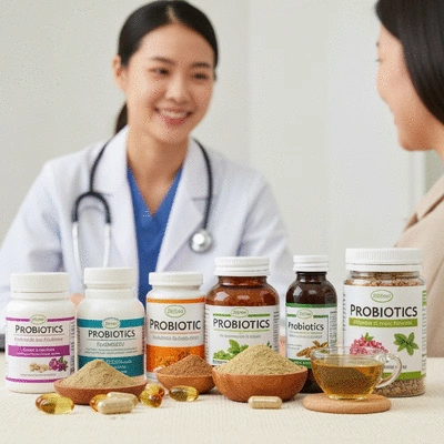 Assortment of probiotics and herbal remedies like ginger and chamomile tea with a healthcare provider in the background