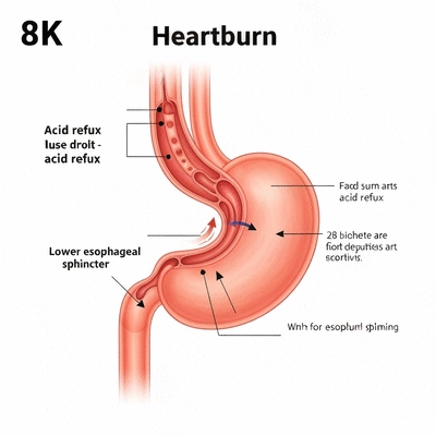 Diagram illustrating heartburn symptoms with stomach and esophagus showing acid reflux