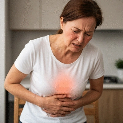 Person experiencing heartburn while eating spicy food, with a focus on digestive discomfort