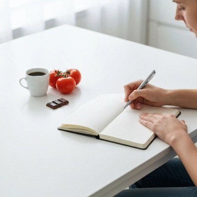 Person writing in a diary with food items on a table
