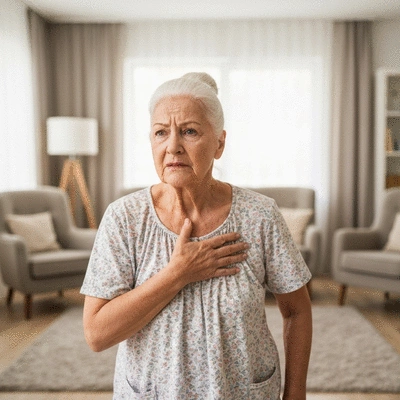 Elderly person holding their chest due to heartburn, looking uncomfortable