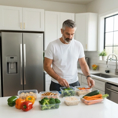 Overhead view of a person meal prepping healthy, heartburn-friendly meals in containers