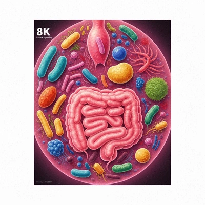 Healthy gut microbiome illustration with diverse beneficial bacteria