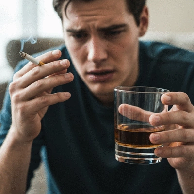 Person holding a cigarette and a glass of alcohol, looking concerned, representing the link between smoking, alcohol, and heartburn