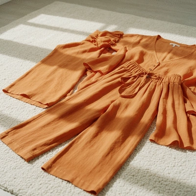 Loose-fitting, comfortable clothing made of soft, breathable fabric, such as cotton or linen