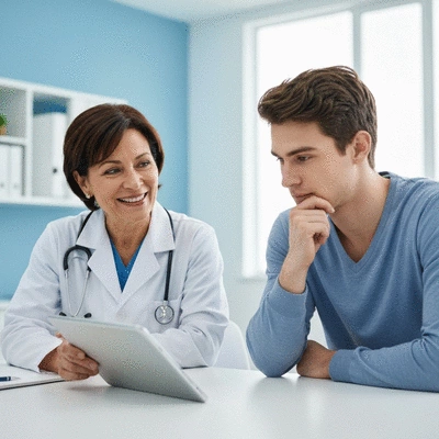 Doctor and patient discussing digestive health, looking at a tablet with a graph, in a modern clinic setting, no text, no words, no typography, clean image