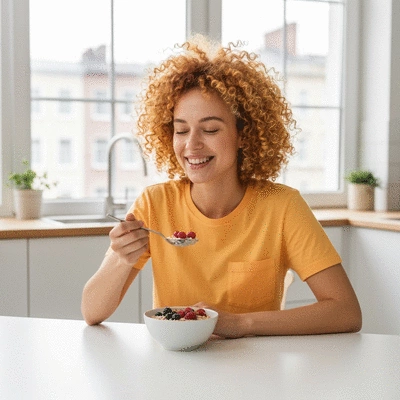 A person happily eating a bowl of oatmeal with berries and nuts, symbolizing a fiber-rich breakfast, bright kitchen setting, natural light, no text, no words, no typography, clean image