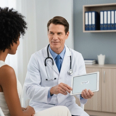 Doctor and patient discussing health on a tablet during a telemedicine consultation, professional and clean setting, no text, no words, no typography, clean image
