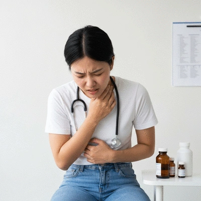 Person holding stomach with heartburn, surrounded by various medication bottles and a doctor's hand, representing medication interactions.